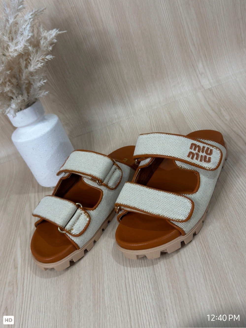 Miu Miu Cream Canvas and Tan Leather Kids Slide Sandals